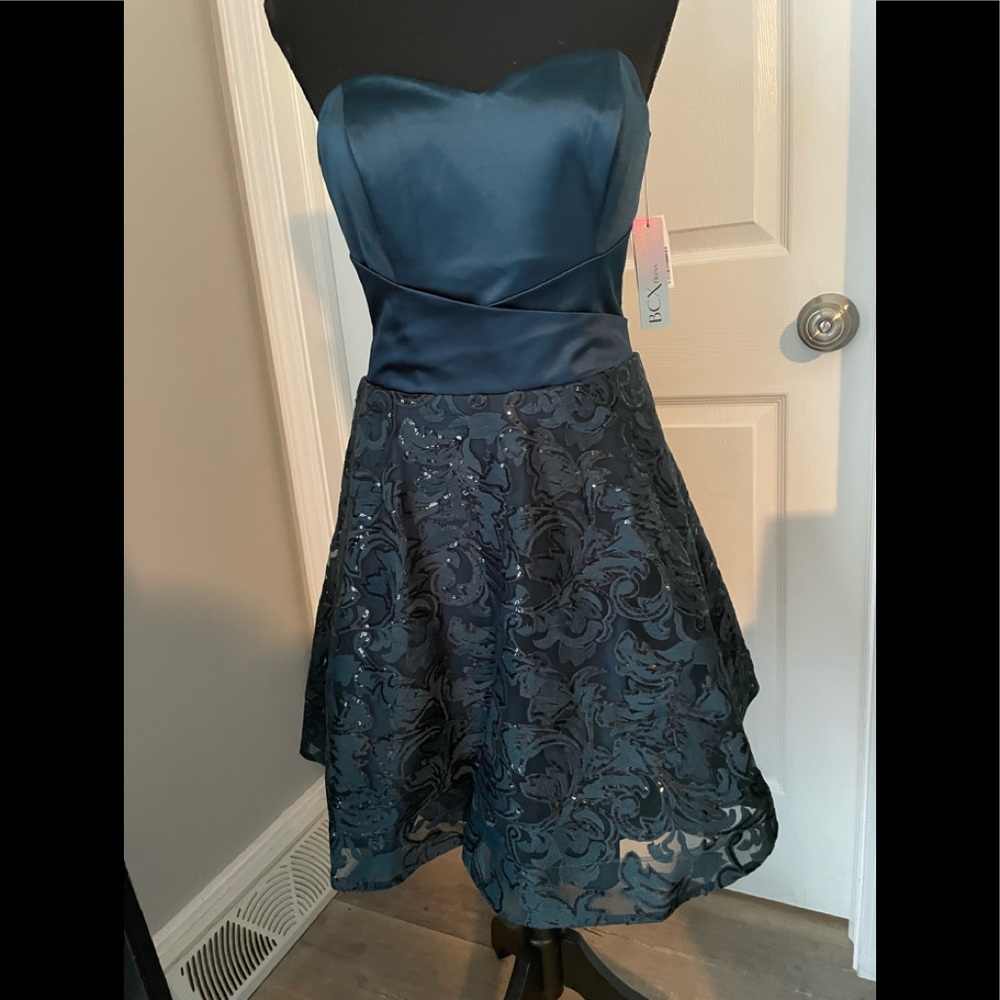 BCX Strapless Navy Blue Floral Jacquard Cocktail Dress